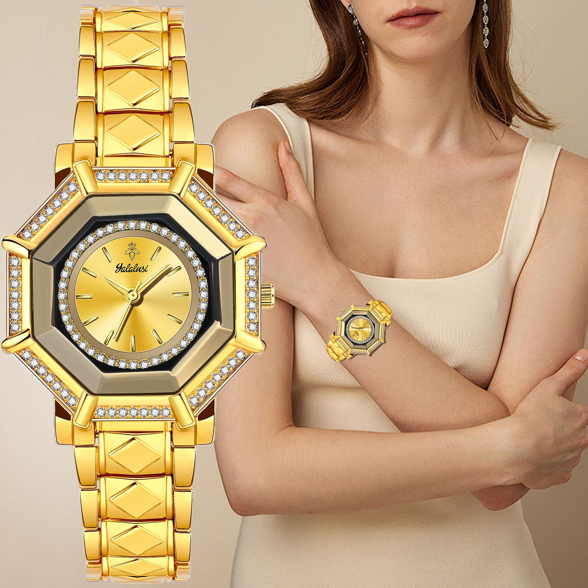 Luxury Watch Trading - Yalalusi Luxury Gold Diamond Octagonal Women's
