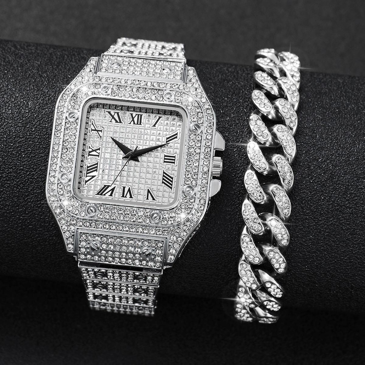 2PCS Iced Out Square Watch & C – Luxury Watch Price recenzja i cena
