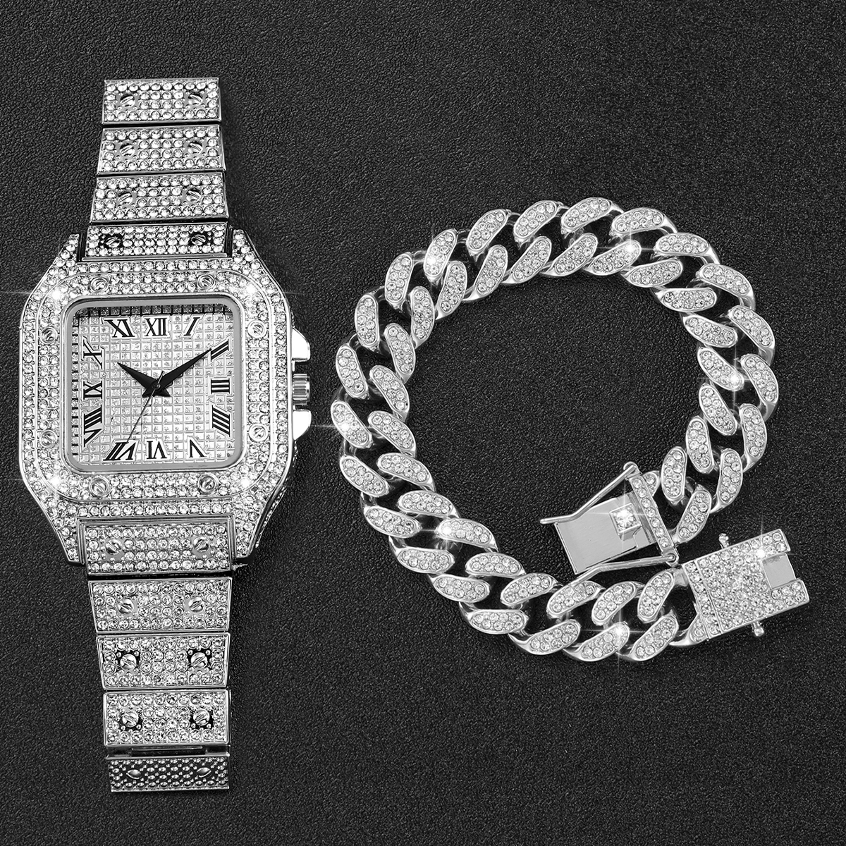 2PCS Iced Out Square Watch & C – Luxury Watch Price recenzja i cena