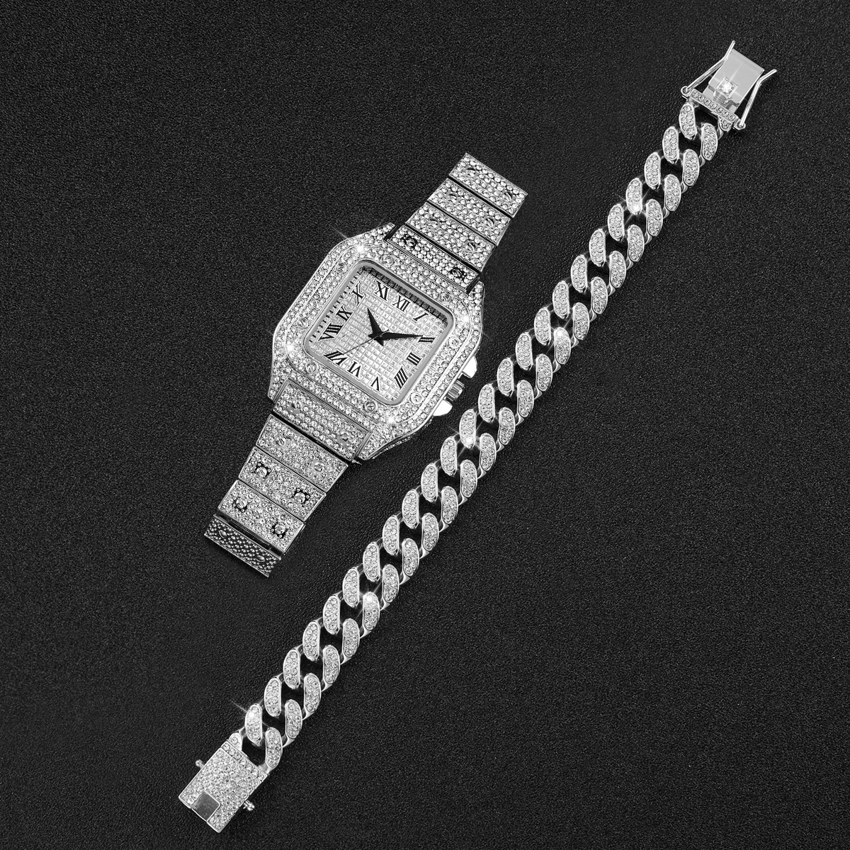 2PCS Iced Out Square Watch & C – Luxury Watch Price recenzja i cena